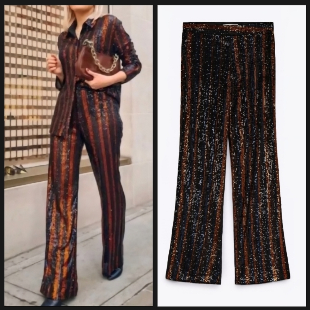 Zara Bloggers Favorite Striped Sequin The Abbey Flared Pant/Trouser